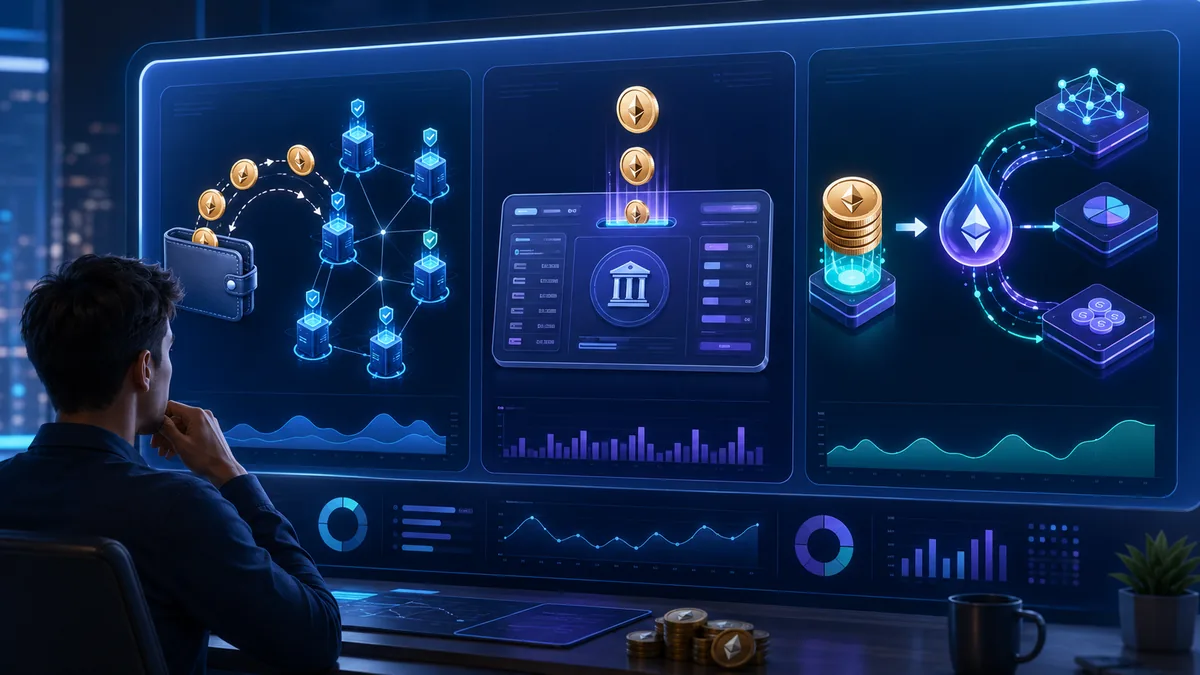 Investor comparing delegated staking, exchange staking and liquid staking options on a digital dashboard, no text