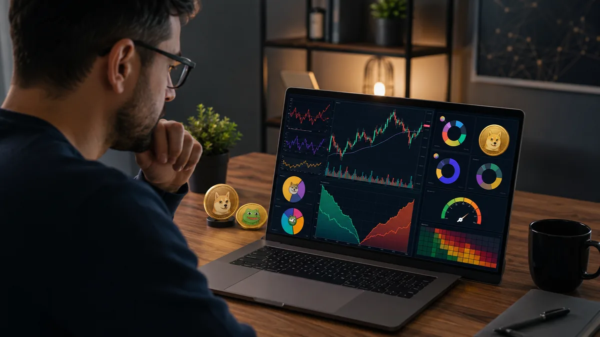 Investor reviewing memecoin risk metrics, wallet distribution, and liquidity charts on a laptop, no text