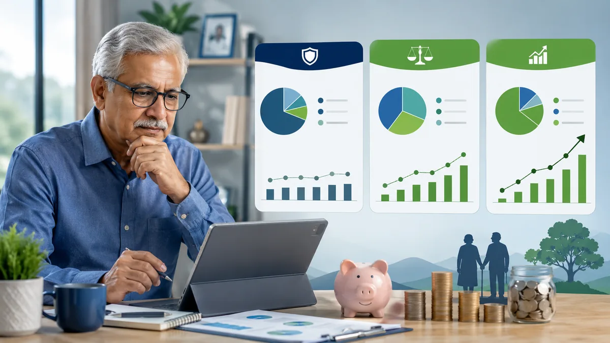 Retirement investor comparing conservative balanced and growth provident fund portfolios, no text