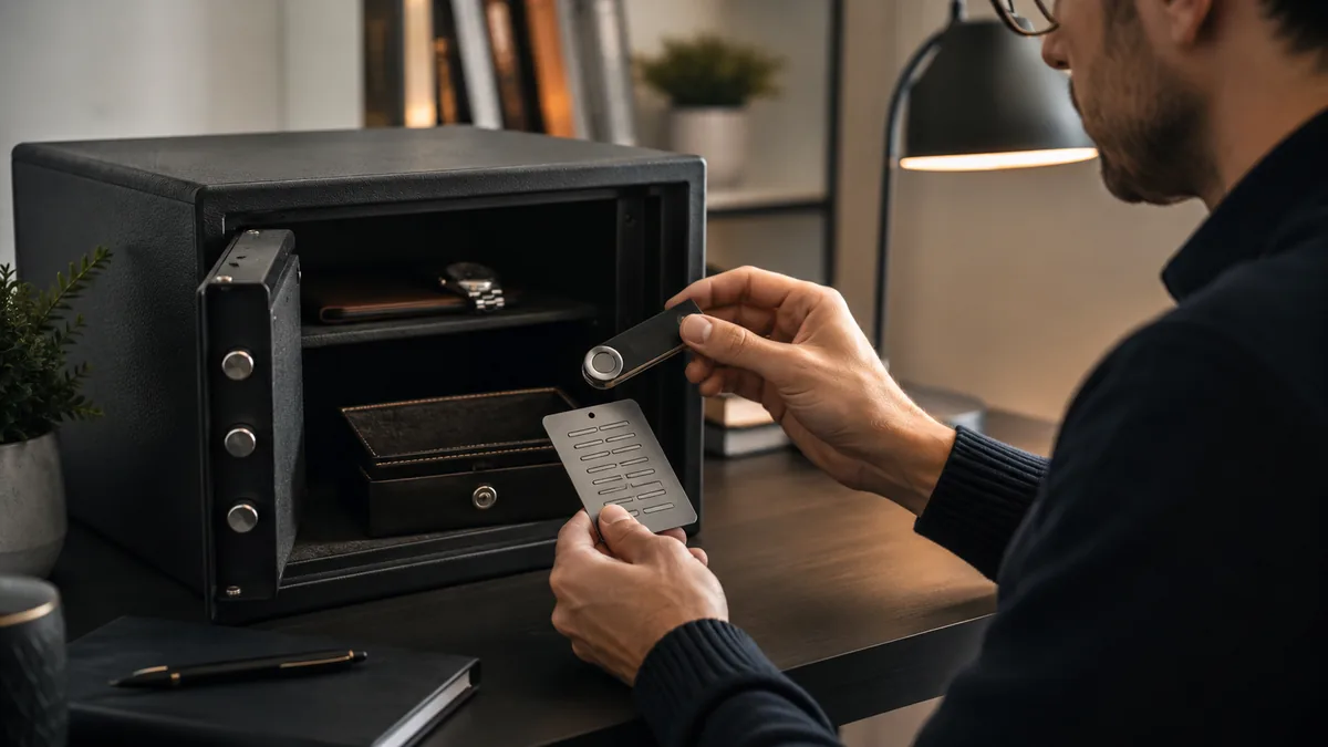 Person securely storing a hardware crypto wallet and recovery phrase, no text