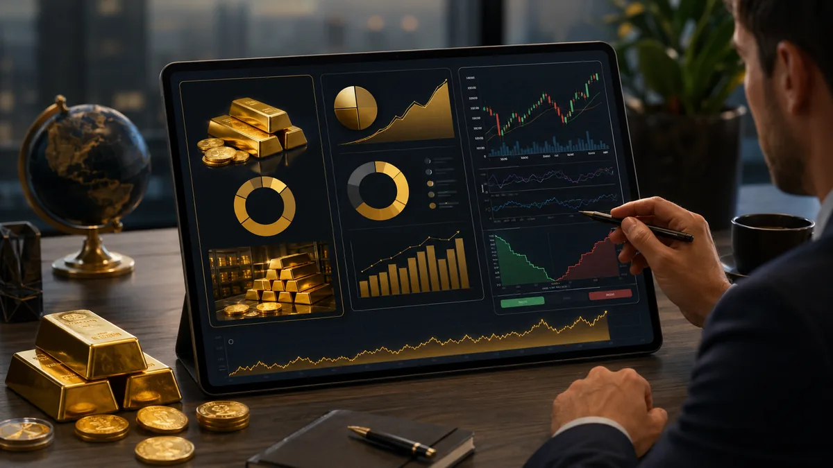Investor comparing physical gold bars, gold ETF and gold futures options on a digital financial dashboard, no text