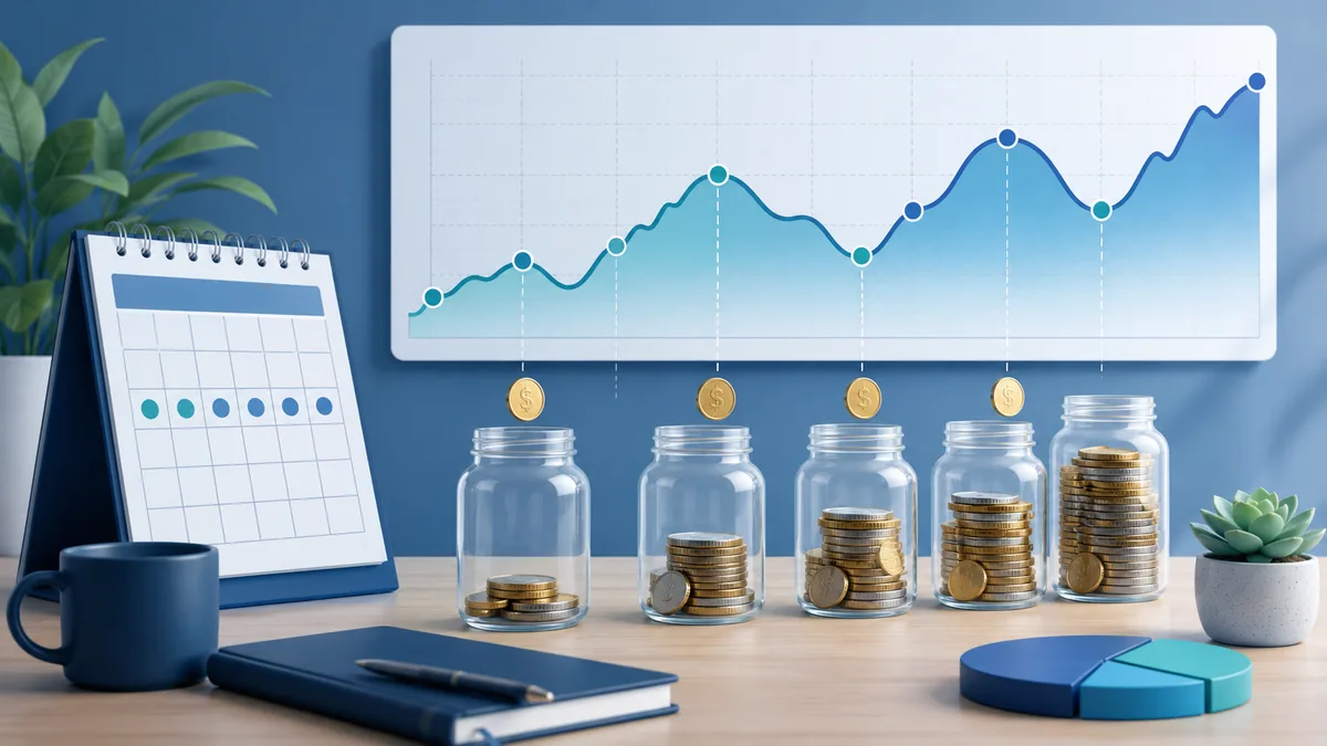 dollar cost averaging concept with calendar, coins and market volatility chart, no text in image
