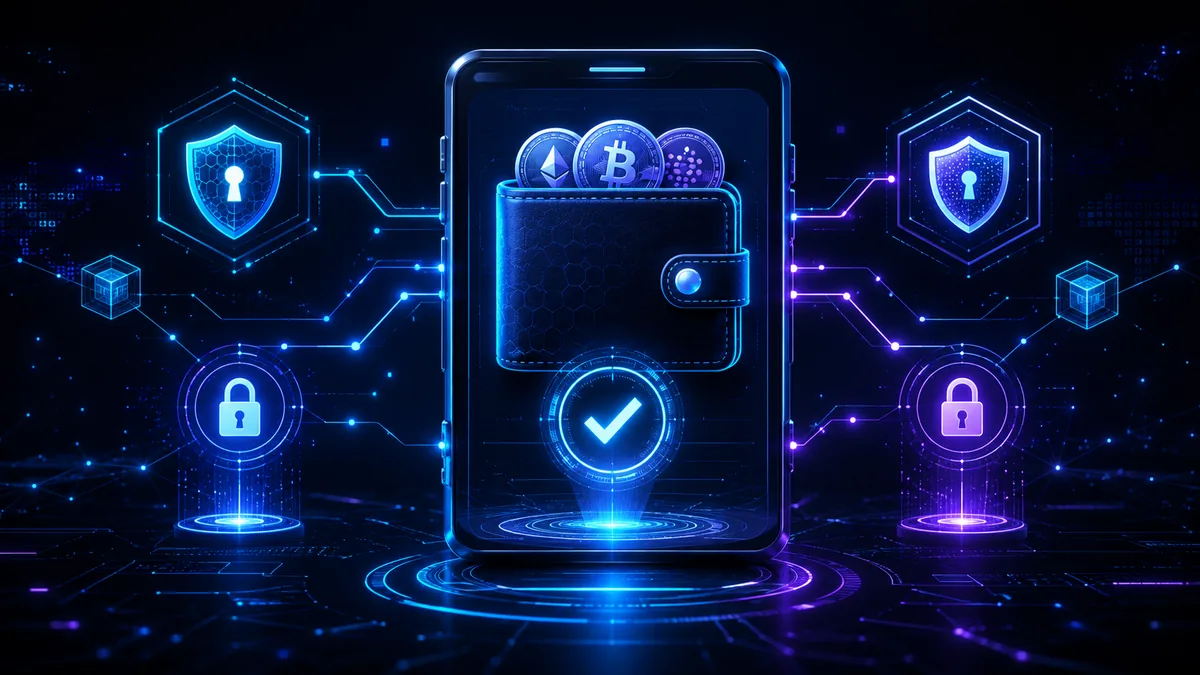 Secure crypto wallet verification screen with blockchain security symbols, no text, no logos, no characters