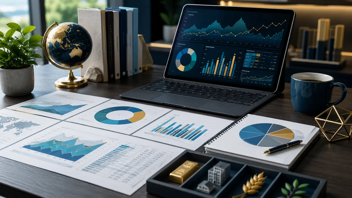 Diversified index investing concept with market charts, fund documents and investment portfolio allocation, no text, no logos, no characters