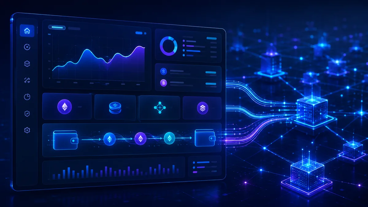 Decentralized finance application interface connected to blockchain network, no text, no logos, no characters