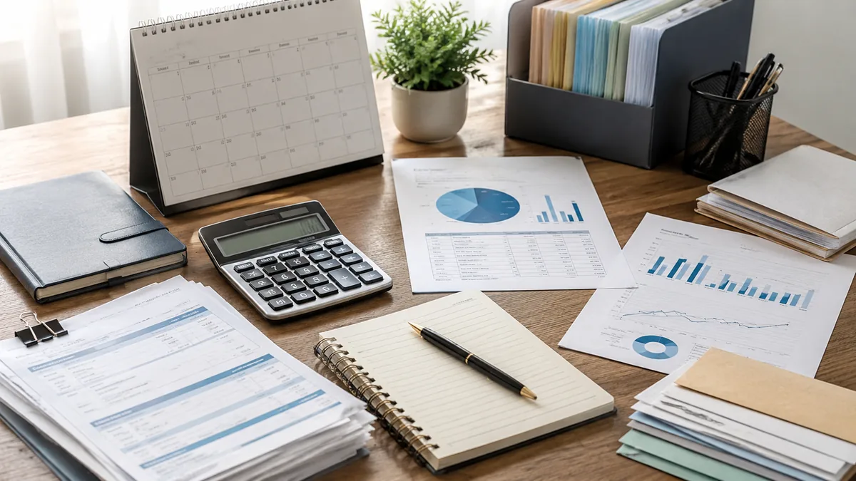 Organized debt repayment plan with calendar, calculator, loan documents and financial charts, no text, no logos, no characters