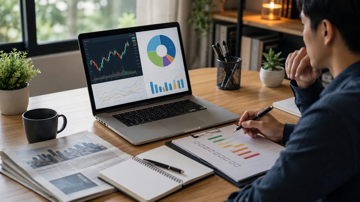 Investor calmly comparing market news, risk checklist and portfolio allocation on a laptop, no text, no logos
