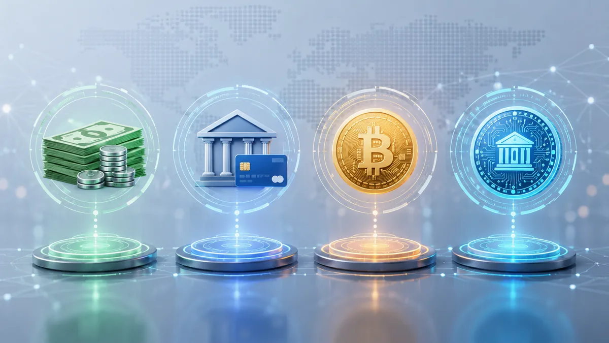 Comparison concept of cash, bank account payment, cryptocurrency and central bank digital currency using neutral abstract symbols, no text, no logos