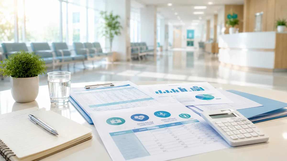 A bright hospital waiting area with a healthcare planner reviewing coverage options and medical expense documents, no text, no logos, no characters