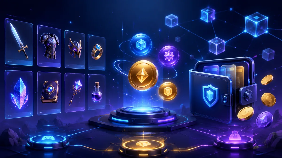 Abstract web3 game economy with digital inventory items, token rewards and secure wallet concept, no text, no logos, no characters