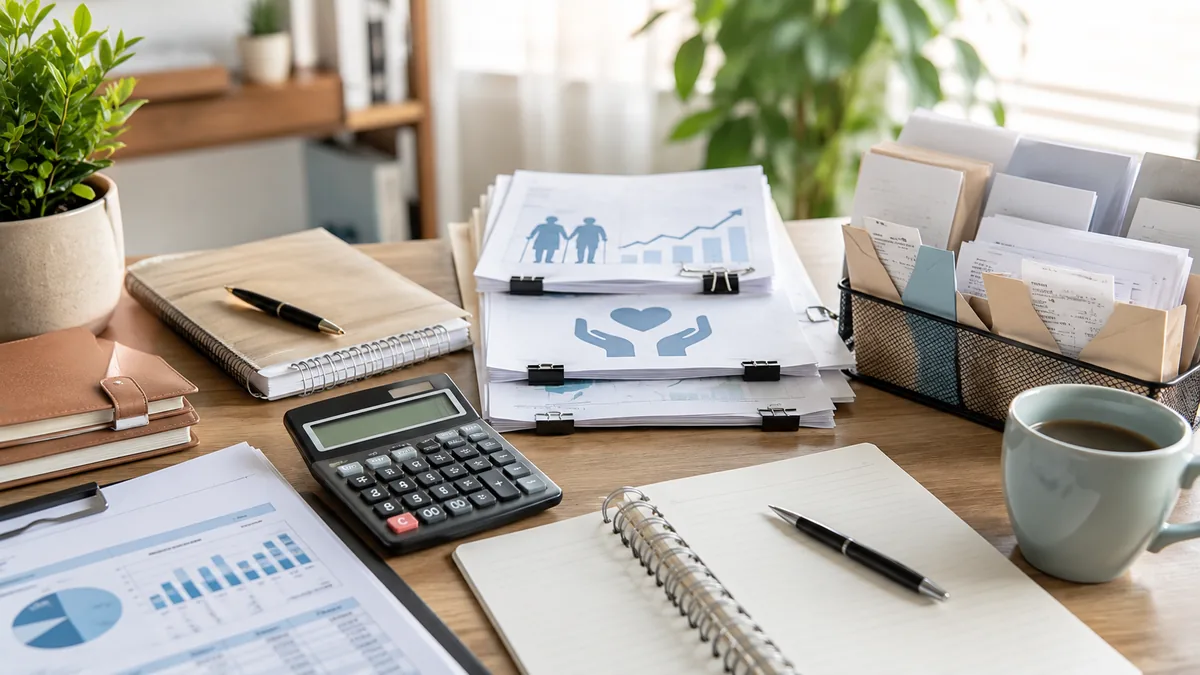 Organized financial planning scene with calculator, retirement fund papers, insurance documents and receipt envelopes, no text, logos or characters