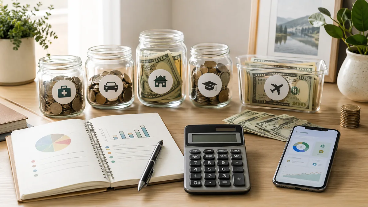 Organized emergency savings and budgeting scene with separate jars, notebook, calculator and mobile banking interface, no text, no logos, no characters