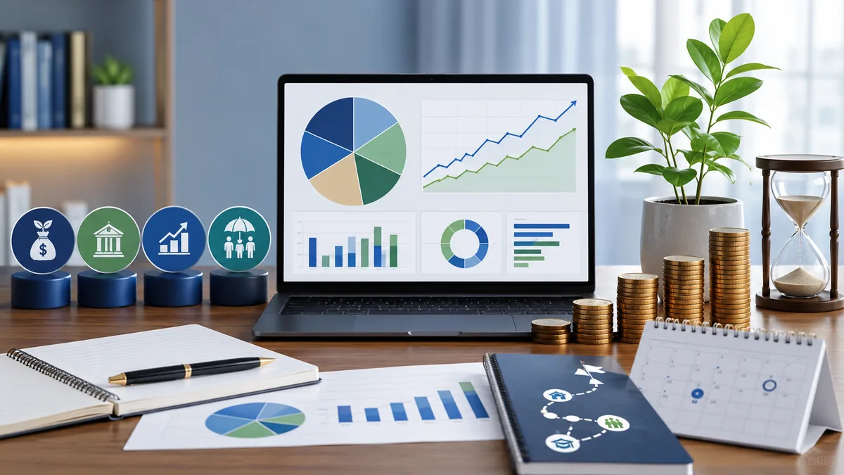 diversified investment portfolio with funds, bonds, stocks and long term planning, no text in image