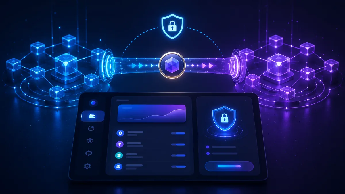 Clean crypto wallet interface concept with two connected blockchain networks and secure token transfer, no text, no logos, no characters