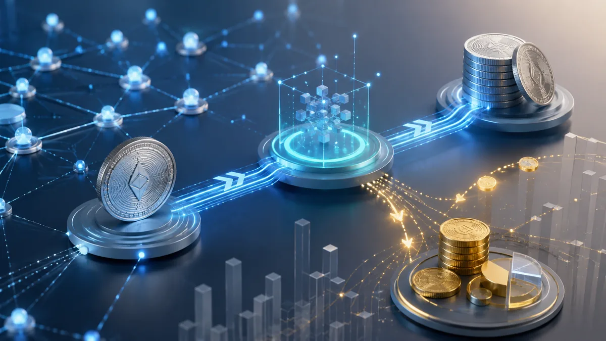 Abstract crypto transaction and fund fee concept with digital network nodes and coins, no text, no logos, no characters