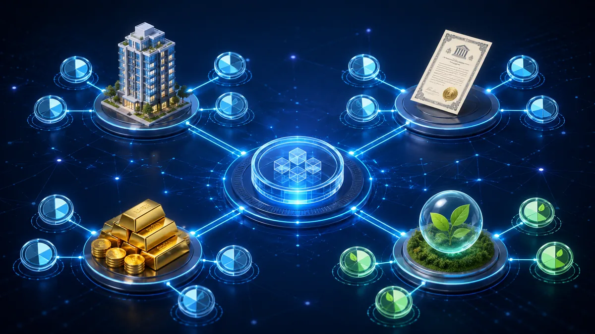 Clean financial infrastructure concept showing fractional ownership tokens linked to real estate bonds gold and carbon credits, no text, no logos, no characters