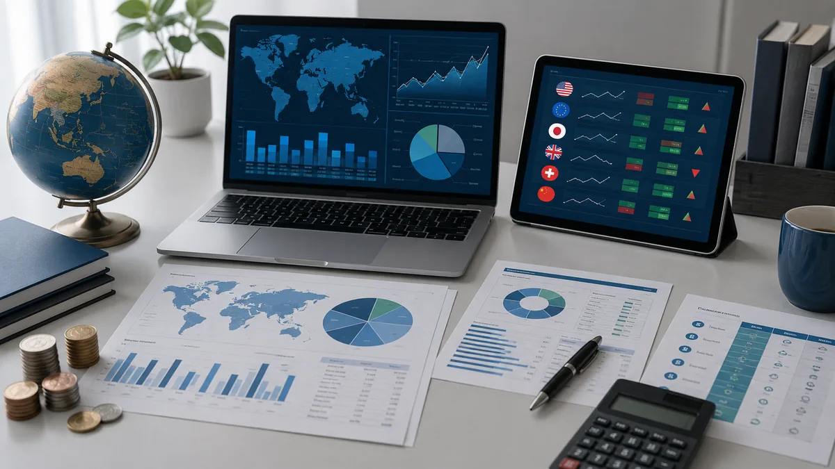 Investor reviewing foreign market allocation, currency exchange dashboard and fee comparison documents, no text, no logos, no characters