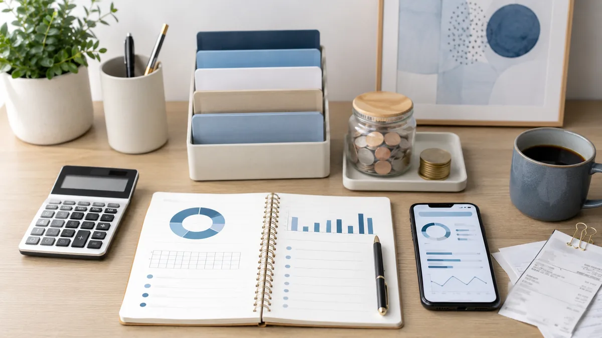 Minimal household budget planning scene with expense envelopes, savings jar, calculator and monthly calendar, no text, no people, no logos