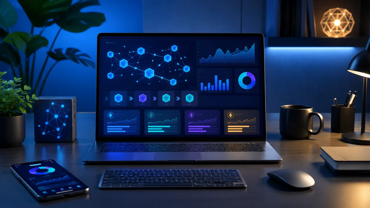 Clean digital finance desk showing a blockchain network dashboard and transaction cost comparison, no text, no people, no logos