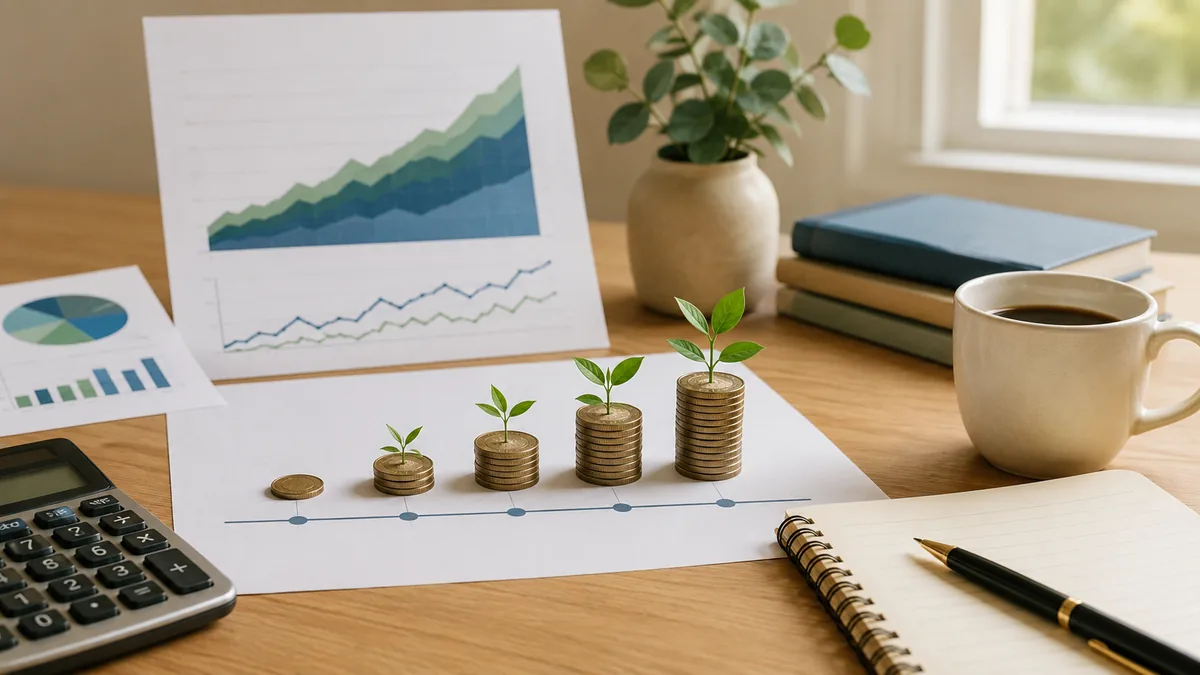 Minimal financial planning scene with retirement timeline, savings growth chart, calculator and coffee cup, no text, no people, no logos