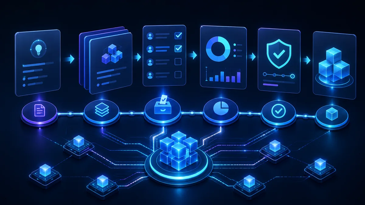 Clean blockchain proposal and voting workflow with abstract interface panels, no text, no characters, no logos
