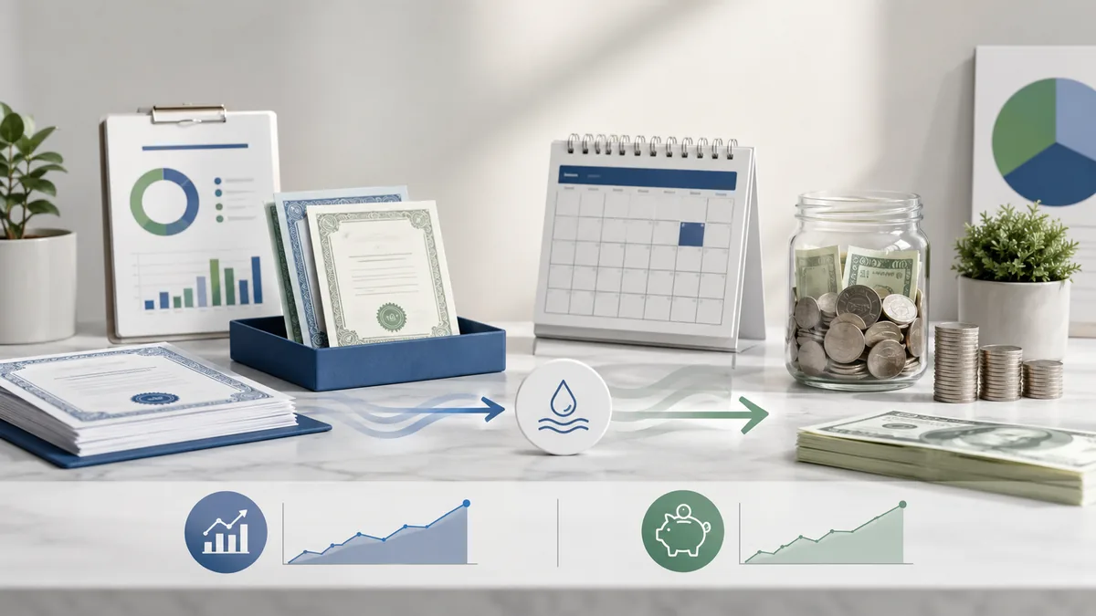 Clean money market fund comparison scene with short-term bonds, savings account concept, calendar and liquidity indicators, no text, no people, no logos