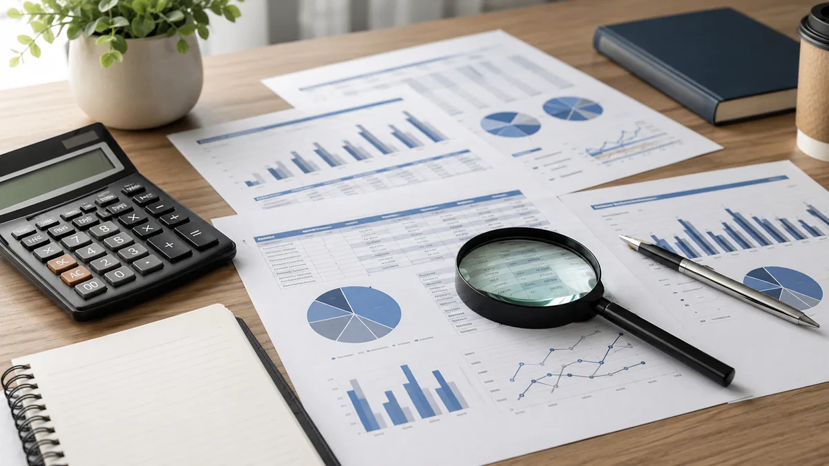 Financial statement analysis workspace with balance sheet charts, calculator and magnifying glass, no text, no people, no logos