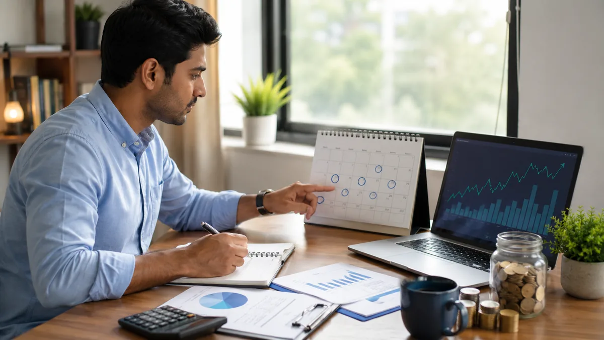 investor planning recurring investment schedule with calendar and chart no text in image