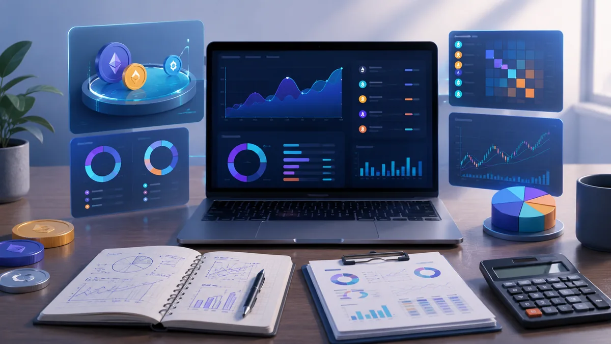 Clean DeFi risk assessment workspace with liquidity pool charts, calculator and token balance concept, no text, no logos, no characters
