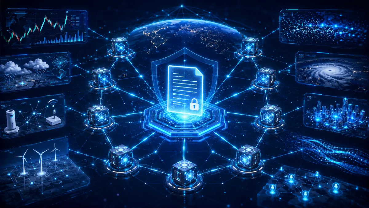 Decentralized oracle network with multiple data sources feeding a secure blockchain contract, no text, no characters, no logos