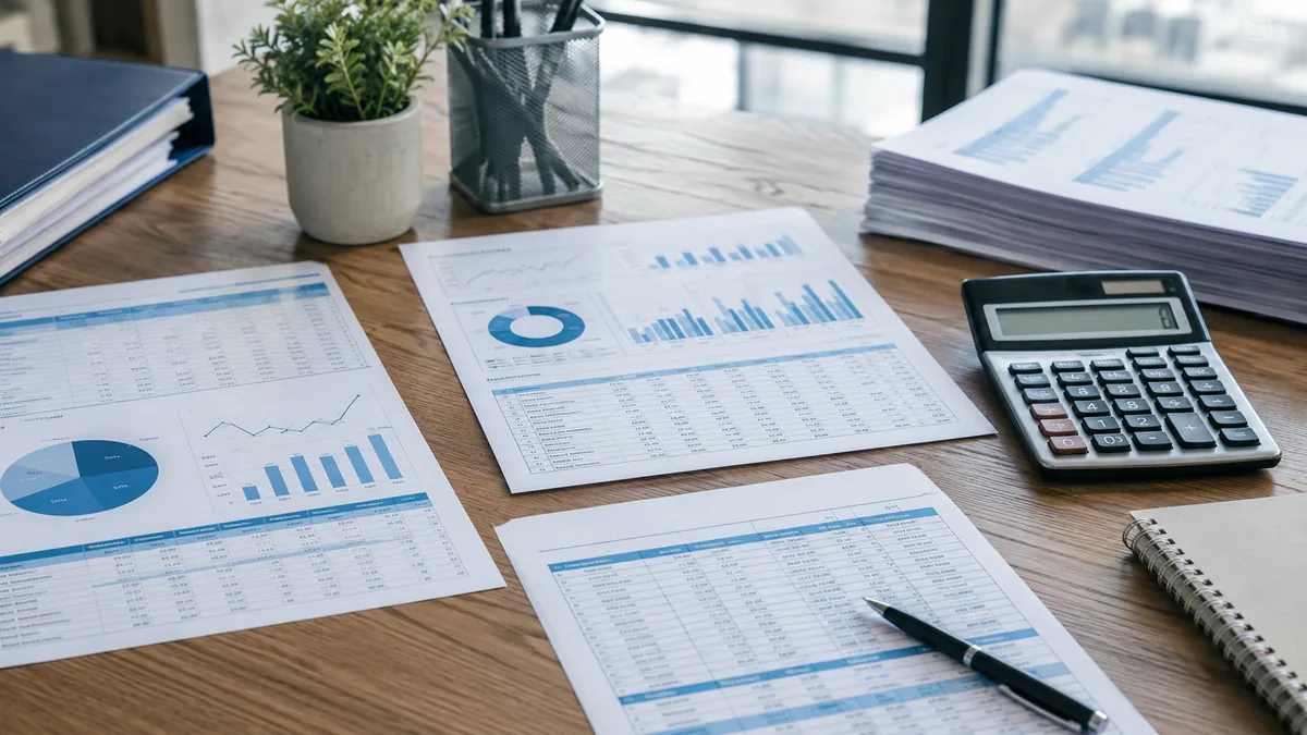 Financial cash flow analysis with income statement, balance sheet, cash flow charts and calculator, no text, no people, no logos