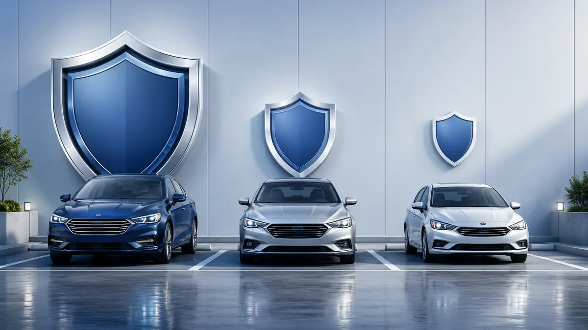 Clean comparison scene of three generic car insurance protection levels using parked cars and abstract shields, no text, no logos, no people