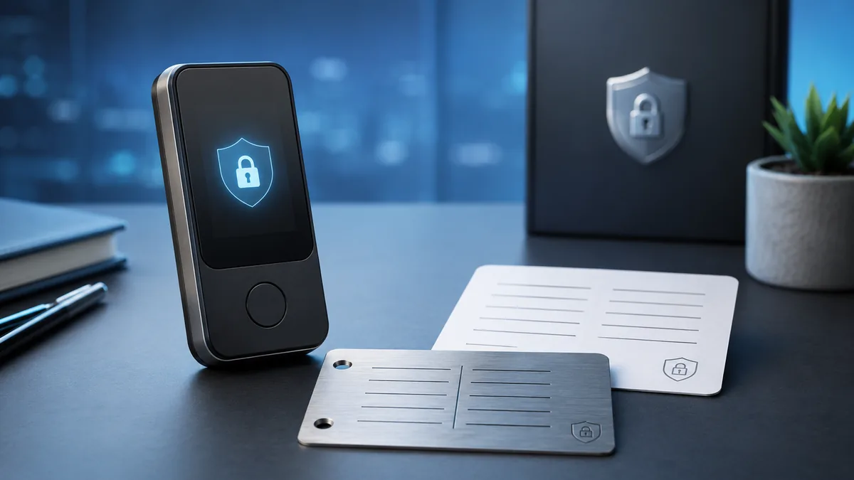 hardware wallet and seed phrase backup concept no text in image