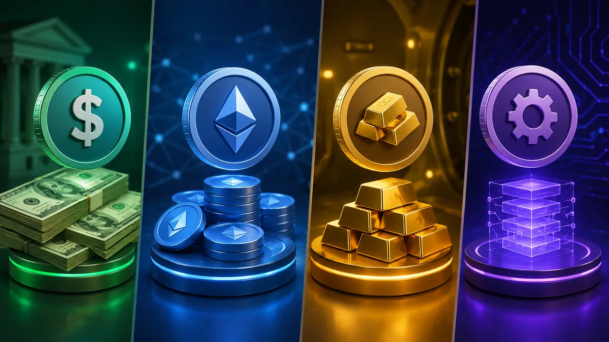 different stablecoin types fiat crypto gold algorithm concept no text