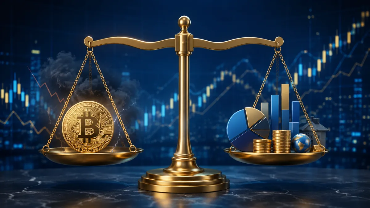 Risk and reward balance scale with bitcoin and investment portfolio, no text in image