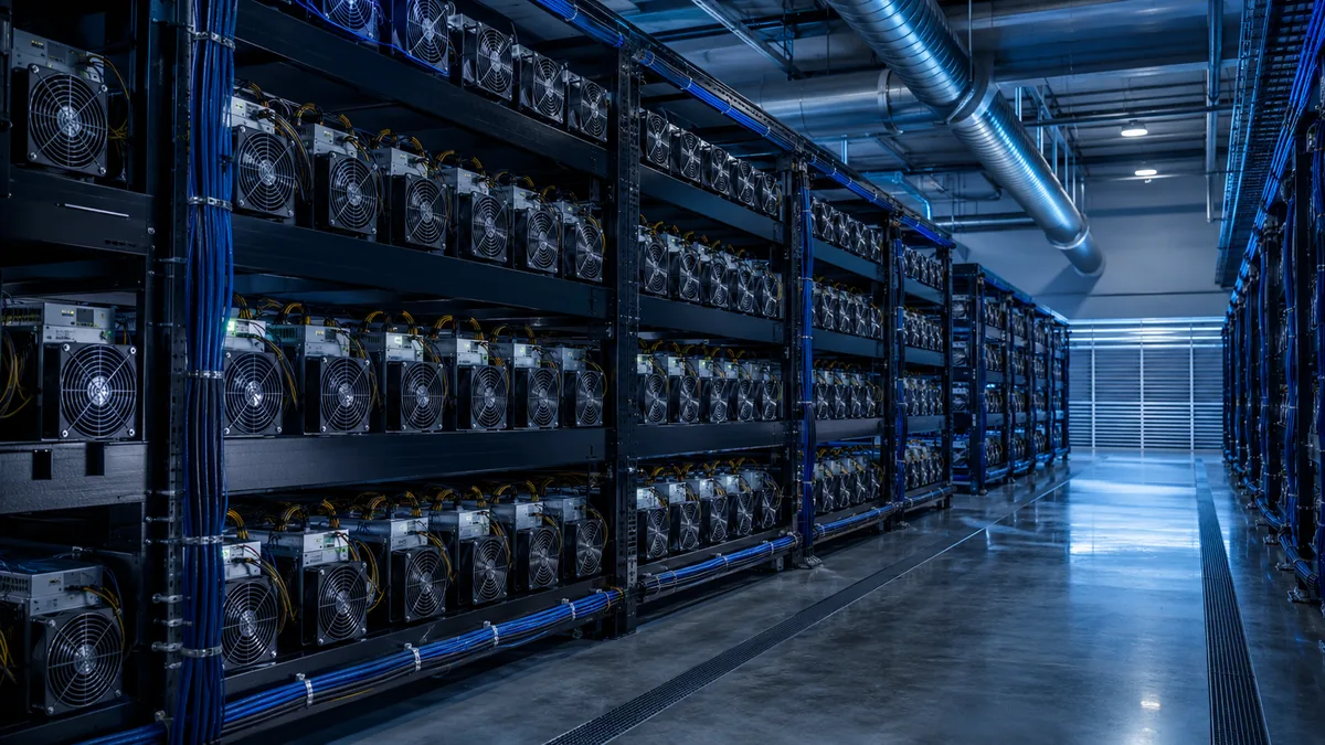 Modern Bitcoin mining facility with generic ASIC machines, ventilation ducts and blue industrial lighting, no text, no logos, no people