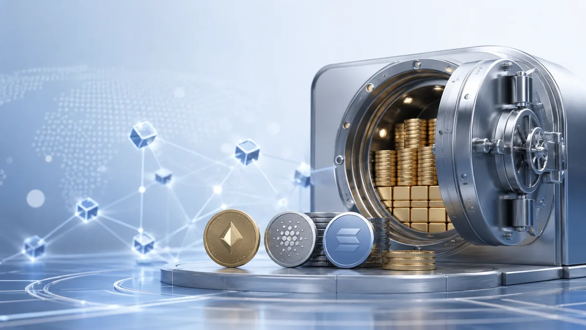 Clean financial technology concept with generic digital coins, secure reserve vault imagery, blockchain network lines, soft blue and neutral background, no text, no logos, no characters