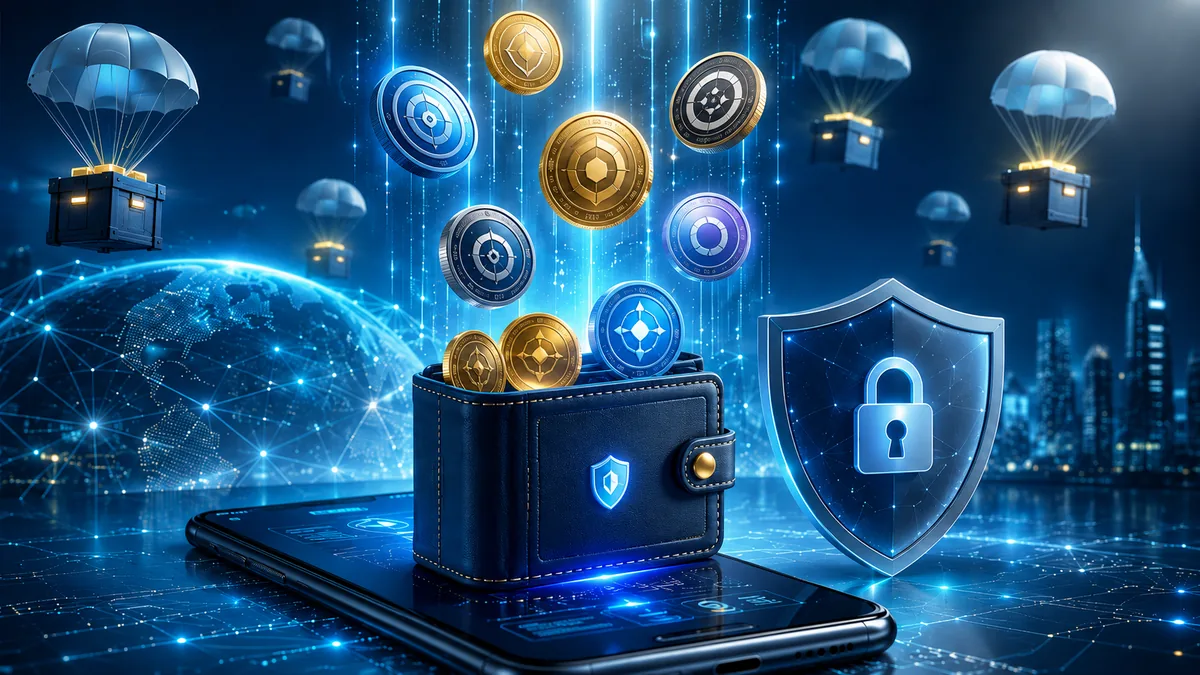 Crypto airdrop concept with digital wallet, floating generic tokens and blockchain network, no text, no logos, no people