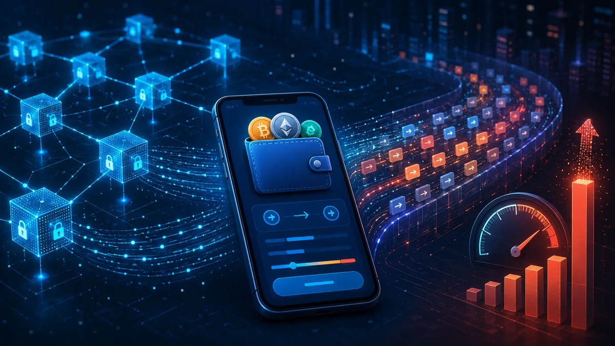 Cryptocurrency transaction fee concept with blockchain network, digital wallet and congestion signals, no text, no logos, no people