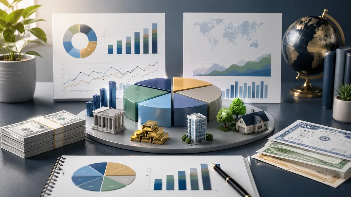 Balanced investment portfolio concept with charts, cash, bonds and diversified market assets, no text, no people, no logos