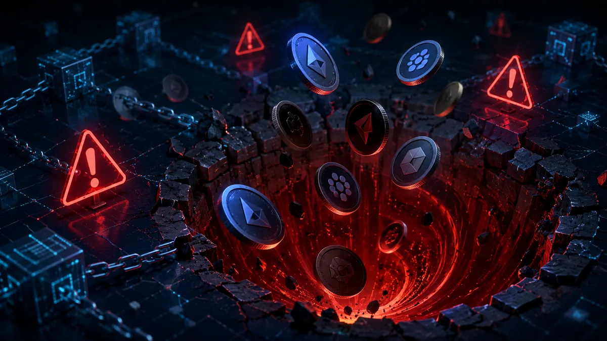 Cryptocurrency rug pull concept with a collapsing liquidity pool, digital coins, warning symbols, dark blockchain network background, no text, no people, no logos