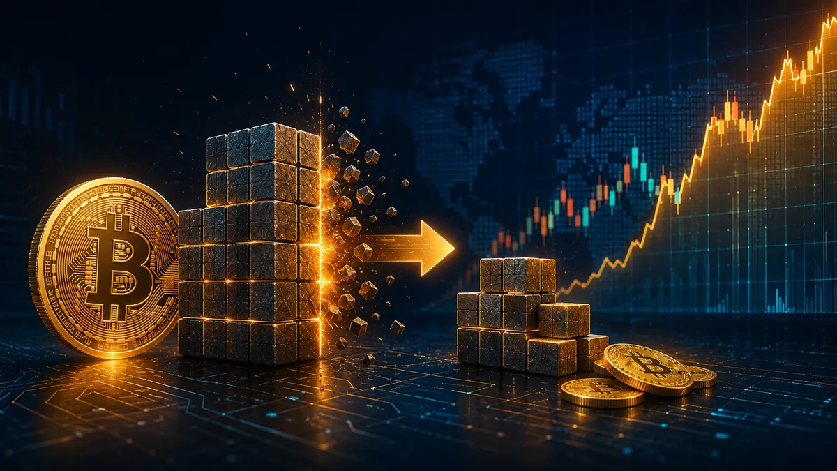 Bitcoin supply reduction concept with digital blocks and market chart, no text, no logos, no people