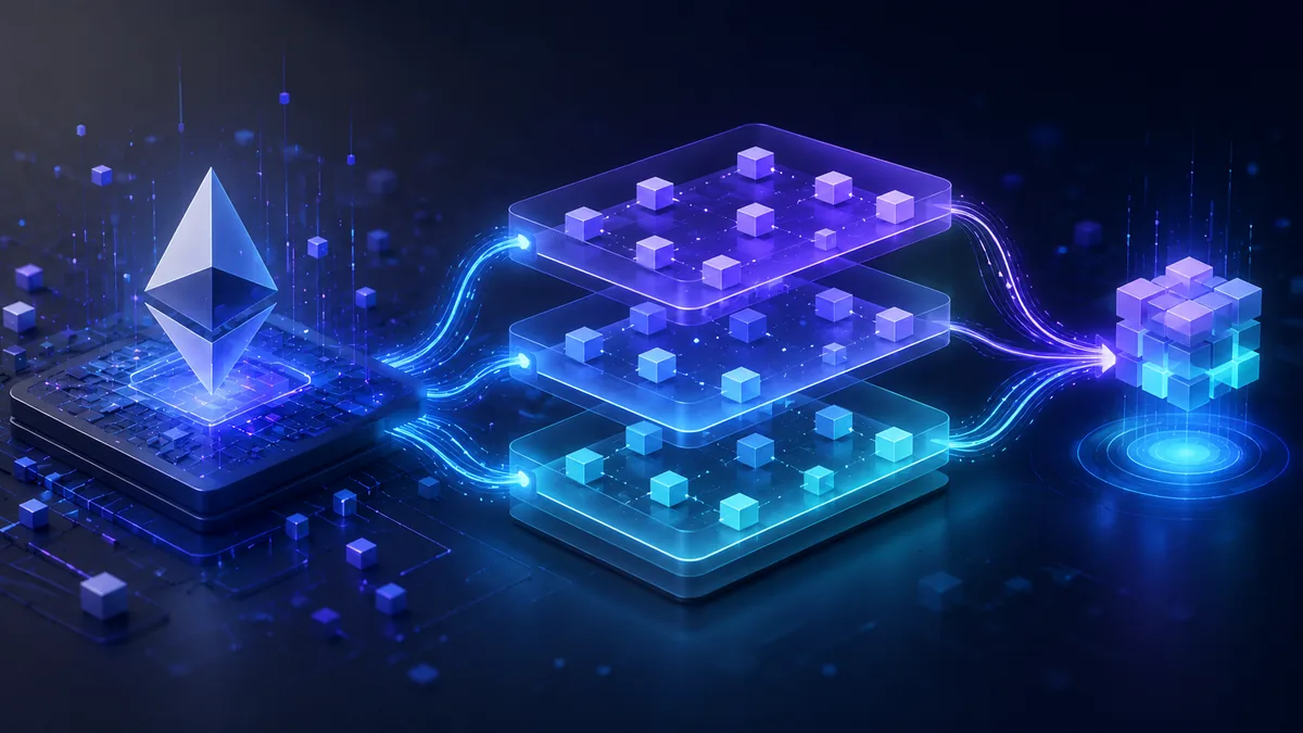 Ethereum layer 2 scaling concept with blockchain layers and transaction flow, no text, no logos, no people