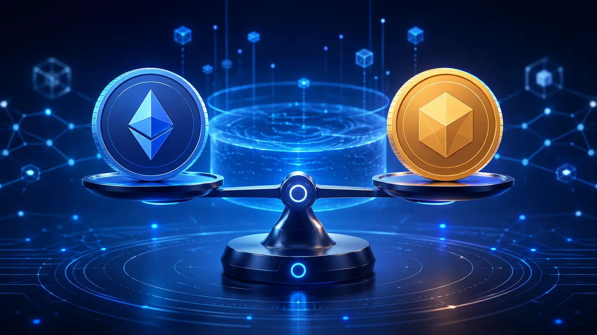 DeFi liquidity pool concept with two digital assets balancing on a scale, no text, no logos, no people