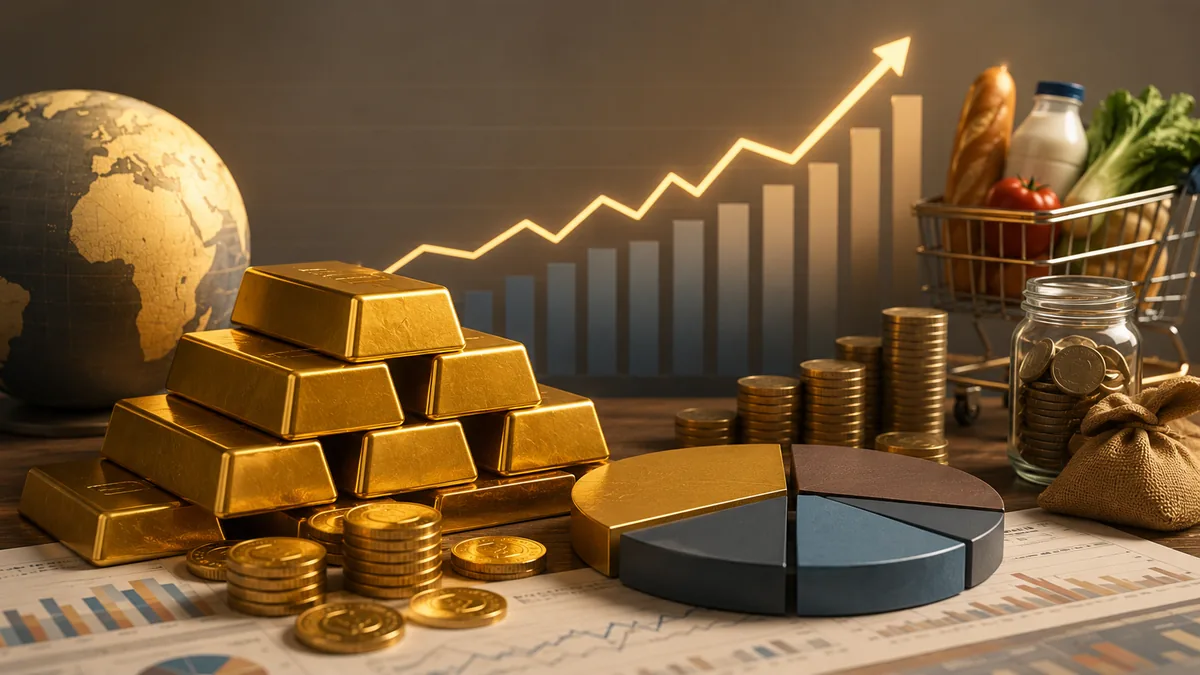 Gold investment concept with inflation, savings and portfolio charts, no text, no people, no logos