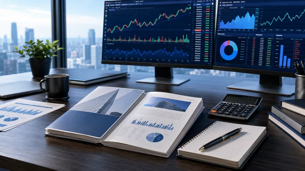 Modern investor desk reviewing IPO prospectus, financial charts and stock market screens, no text, no logos, no people
