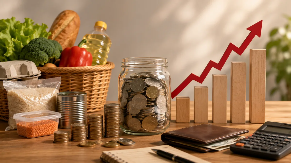 Inflation and personal finance concept with groceries, coins, savings jar and simple chart, no text, no people, no logos