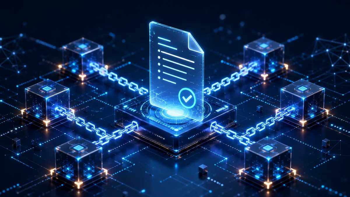 abstract blockchain automation system with connected digital blocks and secure contract logic, no text, no characters, no logos
