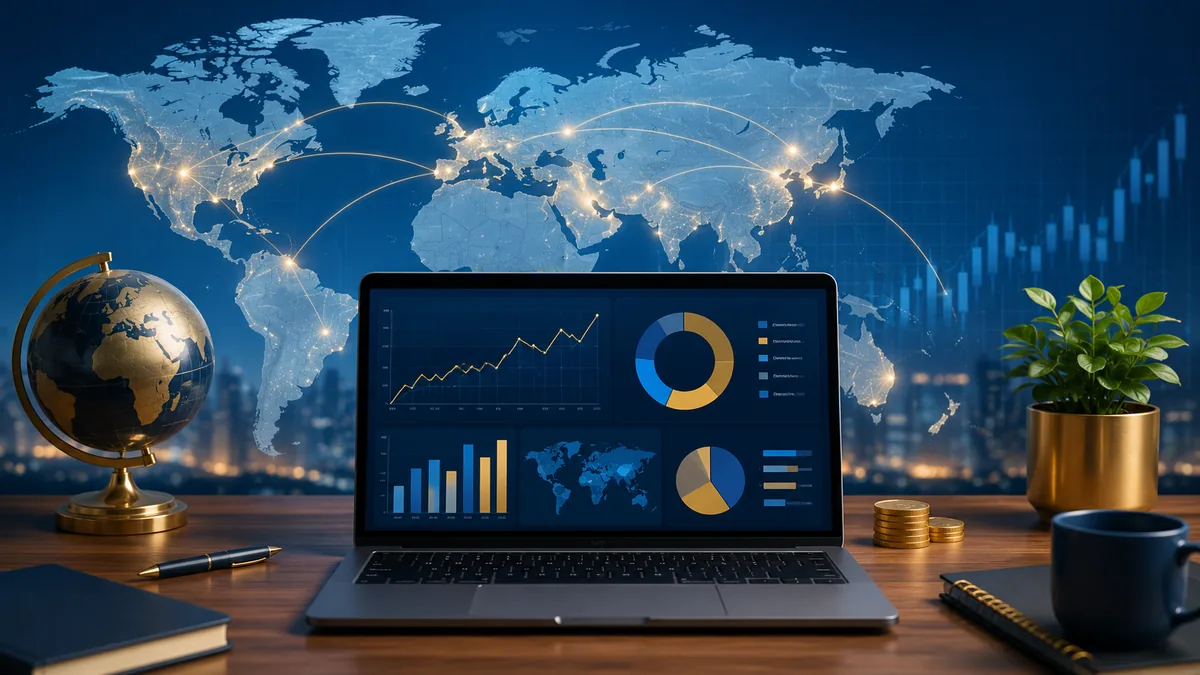 global ETF investing concept with laptop, world map, portfolio chart, no text, no people, no logos
