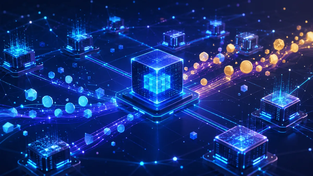 Decentralized finance network with digital assets and connected blockchain nodes, no text, no characters, no logos